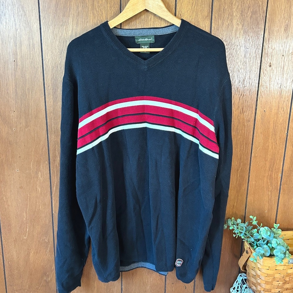Vintage Eddie Bauer‎ Tall XL V Neck Sweater Black Red White Stripe 100% Cotton